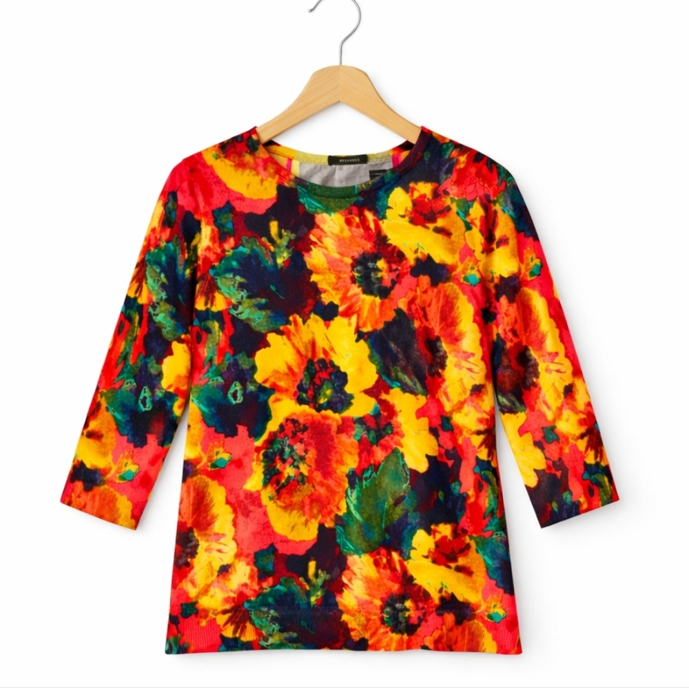 Talbots Cashmere Bold Botanical Color Pop Oversized Blooms 3/4 Sleeves Sweater